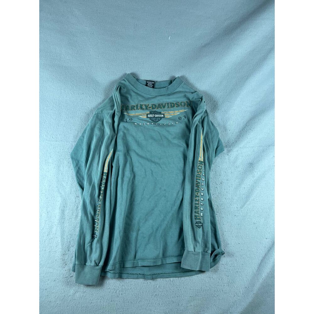 Harley Davidson T-Shirt Mens L Teal Blue Long Sleeve Chicago IL Graphics Print